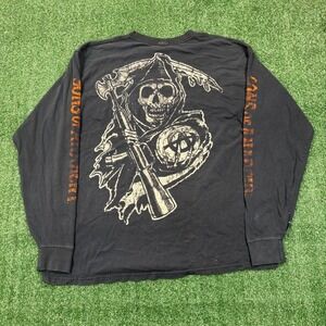 Y2K Sons of Anarchy T-shirt Long Sleeve Biker SOA Reaper Faded Black Orange